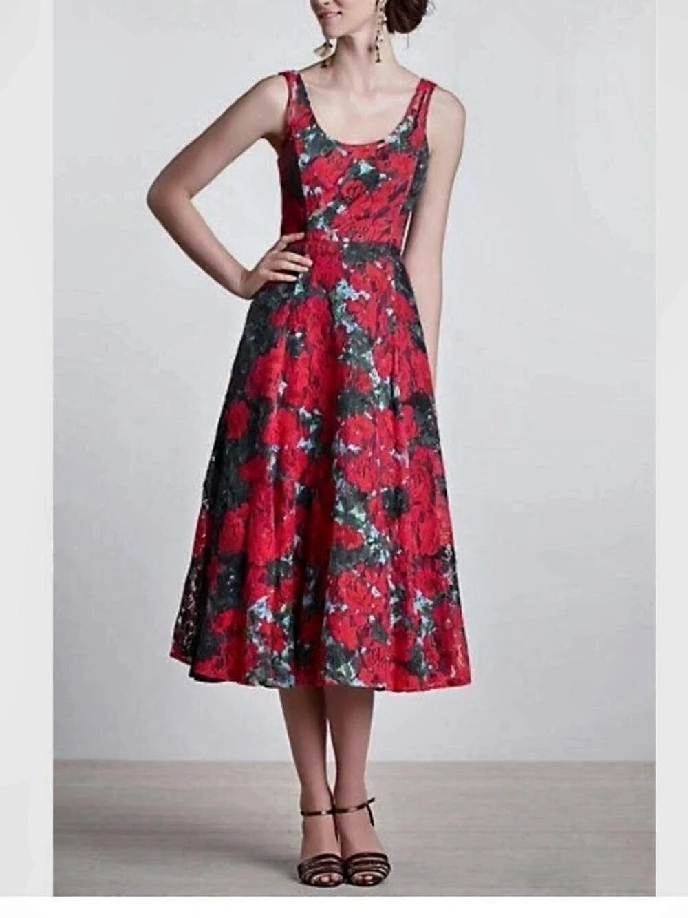 Anthropologie Tracy Reese Floral Midi Dress in Red & Black Size 12